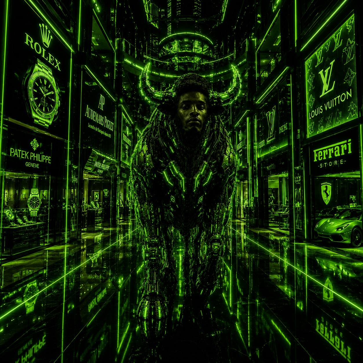 CYBERSEM bull in a luxury shopping arcade